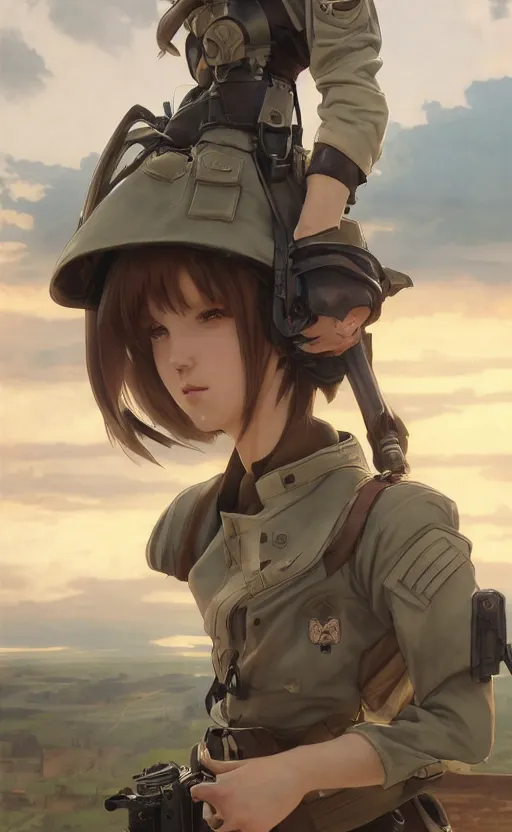 Prompt: panoramic view, a pilot girl, soldier clothing, battlefield in background, anime style, hair down, symmetrical facial features, from arknights, hyper realistic, 4 k, extreme detail, d & d, trending artstation, safebooru, realistic lighting, by alphonse mucha, greg rutkowski, sharp focus