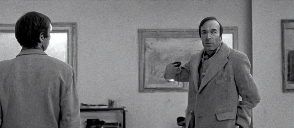 Image similar to A Still of Saul Goodman in an Andrei Tarkovsky film, black and white, gloomy