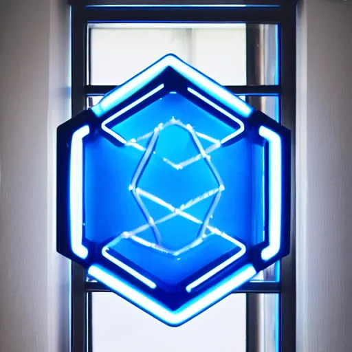 Image similar to a blue neon light hexagon with an door in the middle