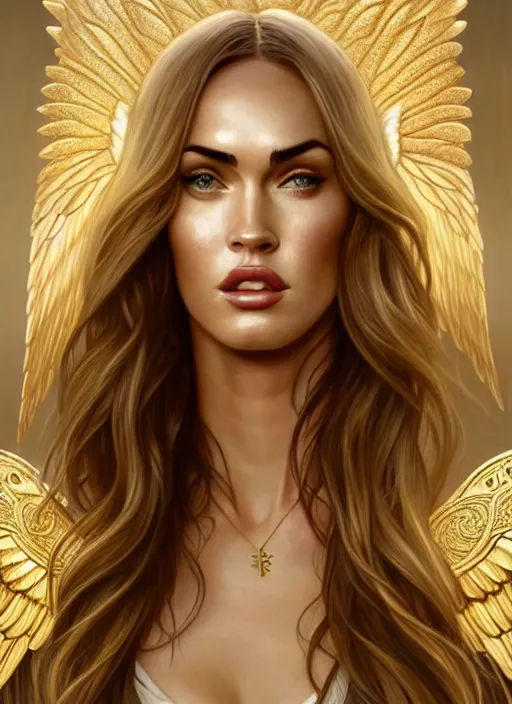 Prompt: portrait of megan fox as an blonde angel, wings, bible, greek, gold, jewelry, intricate, headshot, highly detailed, digital painting, artstation, concept art, sharp focus, cinematic lighting, illustration, art by artgerm and greg rutkowski, alphonse mucha, cgsociety