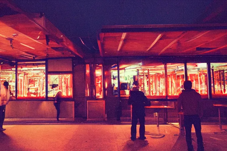 Image similar to outdoorsy guys club likes to look at the exteriors of urban architecture onion column shot by christopher doyle wong kar-wai shot on film using ARRIFLEX 35 BL4 Camera night time scenes reflections through windows red and blue lights orange lights busy nightlife in city scene melancholic quality