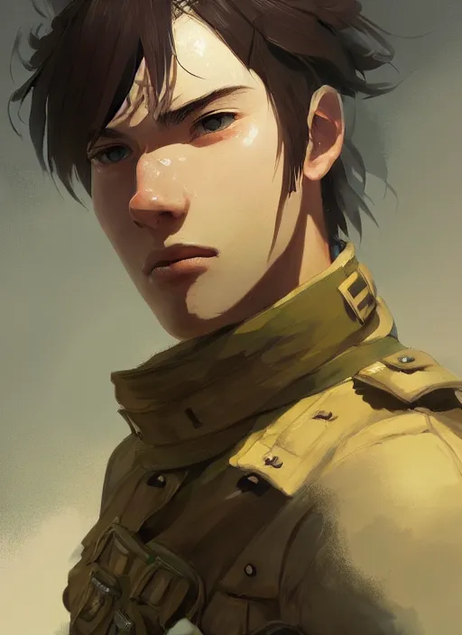 Image similar to a portrait of a male young soldier, intricate, tone mapped, ambient lighting, highly detailed, digital painting, artstation, concept art, 4 k, stunning beautiful, sharp focus, by makoto shinkai and akihiko yoshida and hidari and wlop