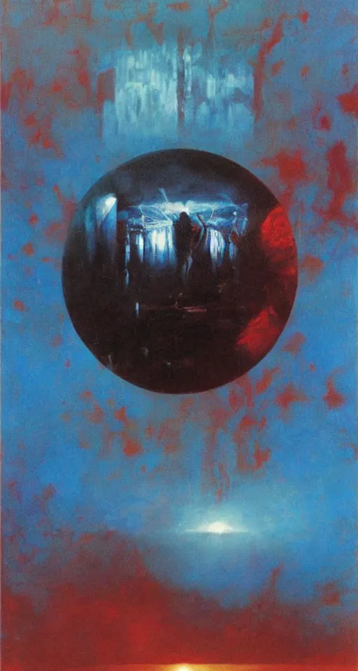 Image similar to a gigantic glowing crystal tesseract orb, high detailed beksinski painting, part by adrian ghenie and gerhard richter. masterpiece, deep colours, blue