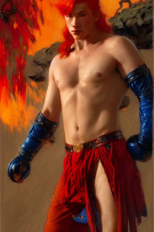 Image similar to male, fighter with magic power, red hair, character design, ming dynasty, colorful, painting by gaston bussiere, craig mullins, j. c. leyendecker, tom of finland