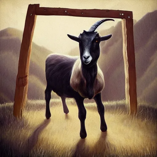 Image similar to Epic Album art cover, hayloft, goat with a gun, trending on artstation, award-winning art