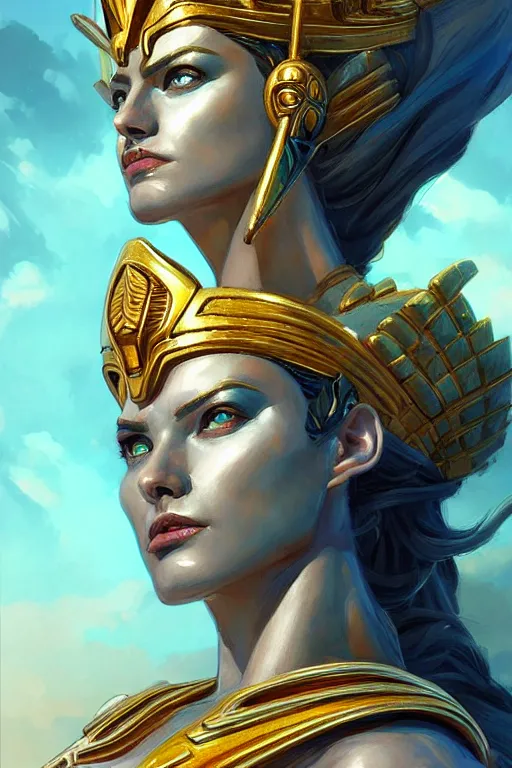 Image similar to The Godess Hera looking angry, detailed armor, portrait radiating a glowing aura, highly detailed, digital painting, artstation, concept art, smooth, sharp focus, beautiful face, symmetric face, enchanted, official fanart, behance, HD, artstation, blue and yellow theme, by Jesper Ejsing and RHADS and Makoto Shinkai and Lois van baarle and Ilya Kuvshinov and Ross Tran