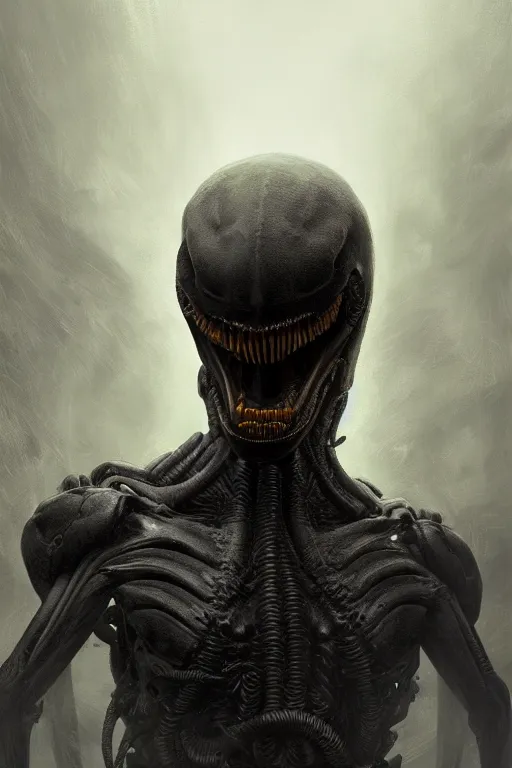 Image similar to skully xenomorph, close - up portrait, intricate, elegant, volumetric lighting, scenery, digital painting, highly detailed, artstation, sharp focus, illustration, concept art, ruan jia, steve mccurry