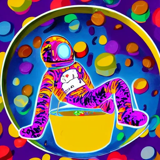 Image similar to dead astronaut floating in a bowl of colorful marshmallow cereal, in a hellish dimension of torment, by Lisa Frank