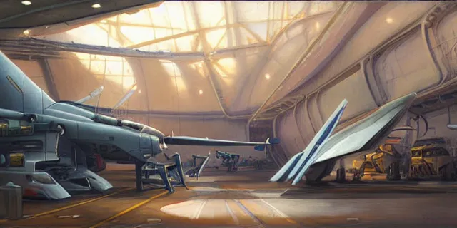 Image similar to a painting of a sci fi hangar, by jesper ejsing