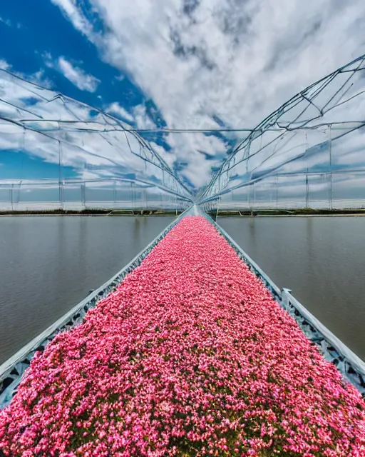 Prompt: explosion in a form of dry cotton flowers over the kerch bridge, wide lens