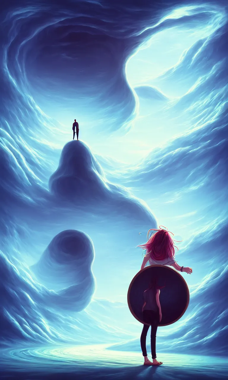 Image similar to a person standing in front of a large circular object, an album cover by cyril rolando, deviantart, magic realism, photoillustration, apocalypse art, matte drawing