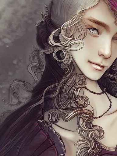 Image similar to a smiling woman, long hair, baroque style, elegant, beautiful, mesmerizing, concept art, fancy clothing, highly detailed, artstation, behance, deviantart, inspired by innocent manga, inspired by castlevania concept art, trending, ayami kojima, shinichi sakamoto