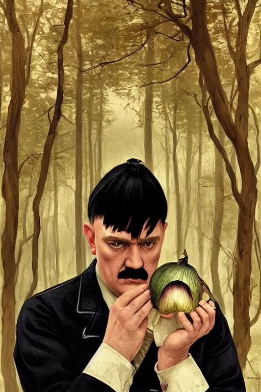 Image similar to beautiful cottagecore adolf hitler holding a Black Onion, blonde Hair, dark forest, intricate, elegant, highly detailed, digital painting, artstation, concept art, smooth, sharp, focus, illustration, art by artgerm and greg rutkowski and alphonse mucha