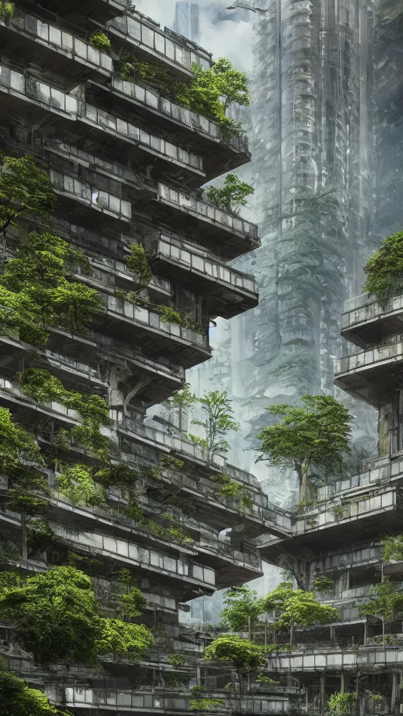 Prompt: photo in style of hiroshige and piranesi. biopunk timber brutalist futuristic building in a urban setting. ultrarealistic. mossy buildings have deep tall balconies with plants, trees, and many people. thin random columns, large windows, deep overhangs. greeble. 8 k, volumetric lighting.