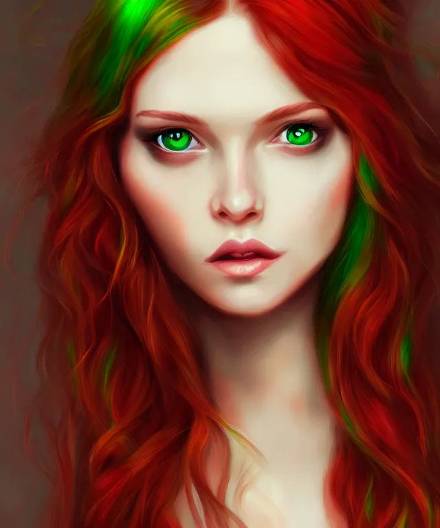 Image similar to Fae teenage girl, portrait, face, long red hair, green highlights, fantasy, intricate, elegant, highly detailed, digital painting