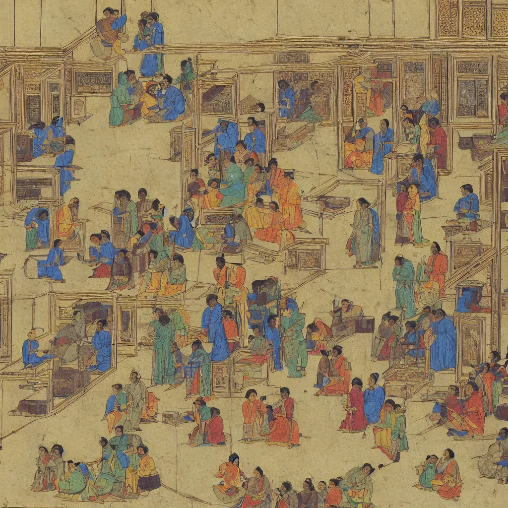 Prompt: Mughal painting of a network operations center, circa 1565