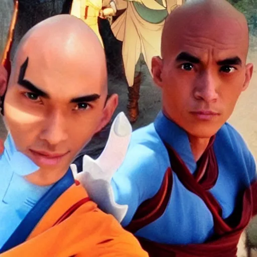 Image similar to a selfie of Aang and Ozai from avatar the last airbender