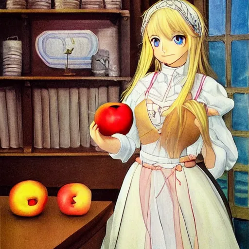 Prompt: isekai masterpiece by liya nikorov, zeronis, sciamano 2 4 0. of a girl holding an apple