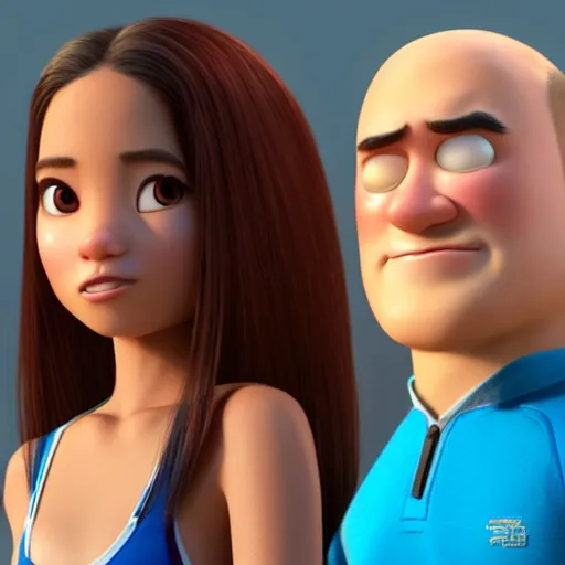 Image similar to young beautiful athletic Filipino woman with long hair standing beside a handsome caucasian athletic thin man with very short buzzed hair, balding, stubble on his face, blue eyes, depicted as adult Pixar characters, high quality cg render