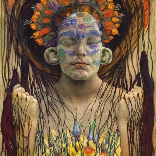 Prompt: masterpiece painting of a dark flower shaman, by annie swynnerton and jean delville and diego rivera and evelyn de morgan, facemask made of flowers, art brut, outsider art, symbolist, dramatic lighting, god rays, elaborate geometric ornament, clean crisp graphics, smooth sharp focus, extremely detailed, adolf wolfli