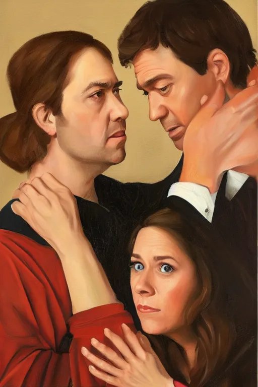 Image similar to portrait painting of jim halpert and pam beesly, in the style of caravaggio