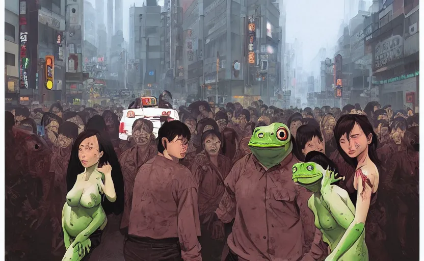 Prompt: zombie human frogs riots in the streets of tokyo, digital painting, masterpiece, by ilya kuvshinov, by frank frazetta, by mbius, by reiq, by hayao miyazaki