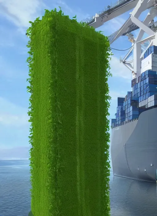 Image similar to a cargo ship that has an algae vertical farm built on it, futuristic, ultra-realistic, Unreal Engine