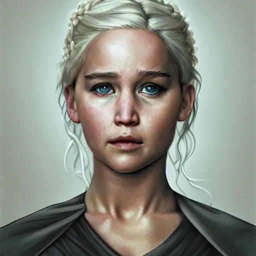 Image similar to portrait of the daughter of daenerys targaryen and jennifer lawrence as a young woman, hyperdetailed, hyperrealism.