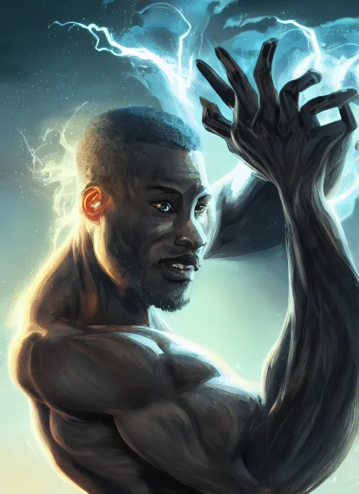 Image similar to a highly detailed illustration of short fade hair african god of lightning, evil summoning lightning from hands pose, moonlit clouds background, muscular, intricate, elegant, highly detailed, centered, digital painting, artstation, concept art, smooth, sharp focus, league of legends concept art, WLOP