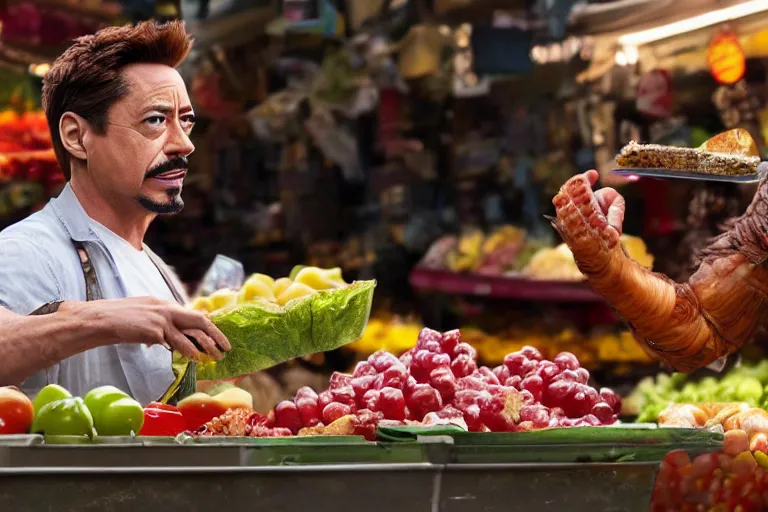 Image similar to tony stark stealing food from the market to eat outside, 8K, high detail, high resolution