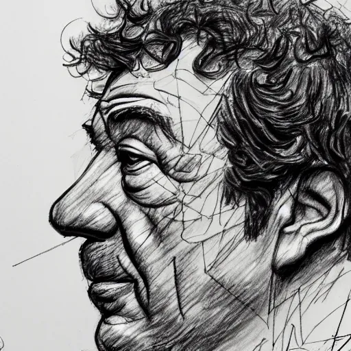Image similar to a realistic yet scraggly portrait sketch of the side profile of a stern and sophisticated dean ween, trending on artstation, intricate details, in the style of frank auerbach, in the style of sergio aragones, in the style of martin ansin, in the style of david aja, in the style of mattias adolfsson