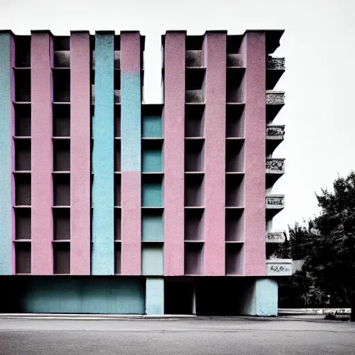 Image similar to a photo of a brutalist building with accents of pink and cyan. dark and moody.