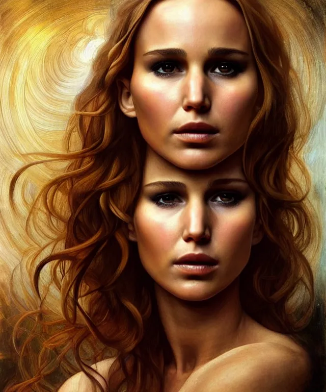 Image similar to half nathalie portman half Jennifer lawrence a fantasy magic woman portrait by Sandro Botticelli, oil painting masterpiece, sci-fi, amber eyes, face, long hair, fantasy, intricate, elegant, highly detailed, digital painting, artstation, concept art, smooth, sharp focus, illustration, art by artgerm and greg rutkowski and alphonse mucha