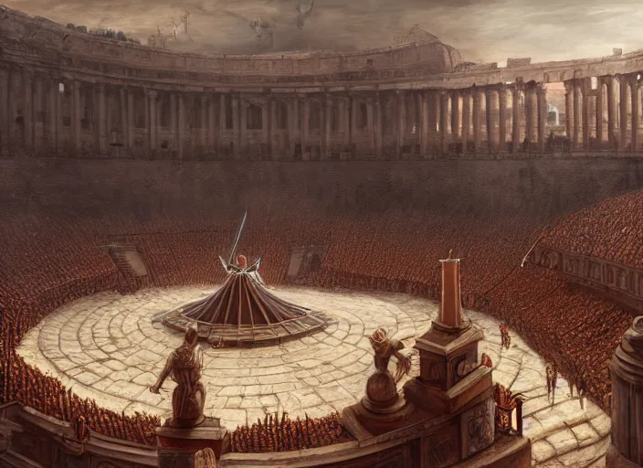 Prompt: a historical depiction of an epic scene at the roman coliseum filled with dueling gladiators, in the style of greg rutkowski and remedios varo, digital painting, unreal engine, extremely detailed masterpiece, illustration, trending on artstation