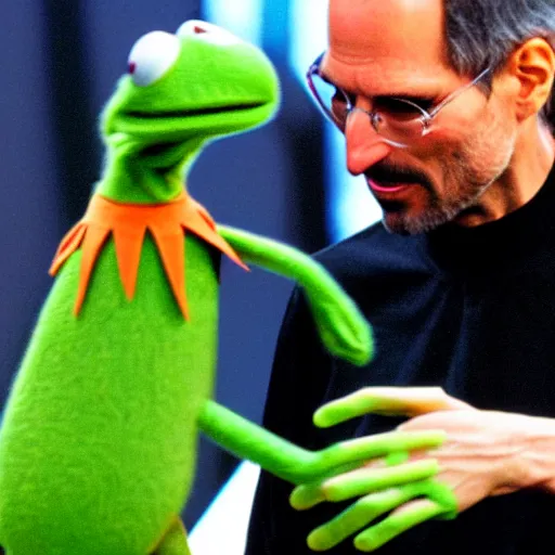 Prompt: Photograph of Steve Jobs shaking hands with Kermit the Frog