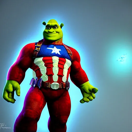 Image similar to digital painting of Shrek as Captain America, octane render, volumetric lightening, by marvel