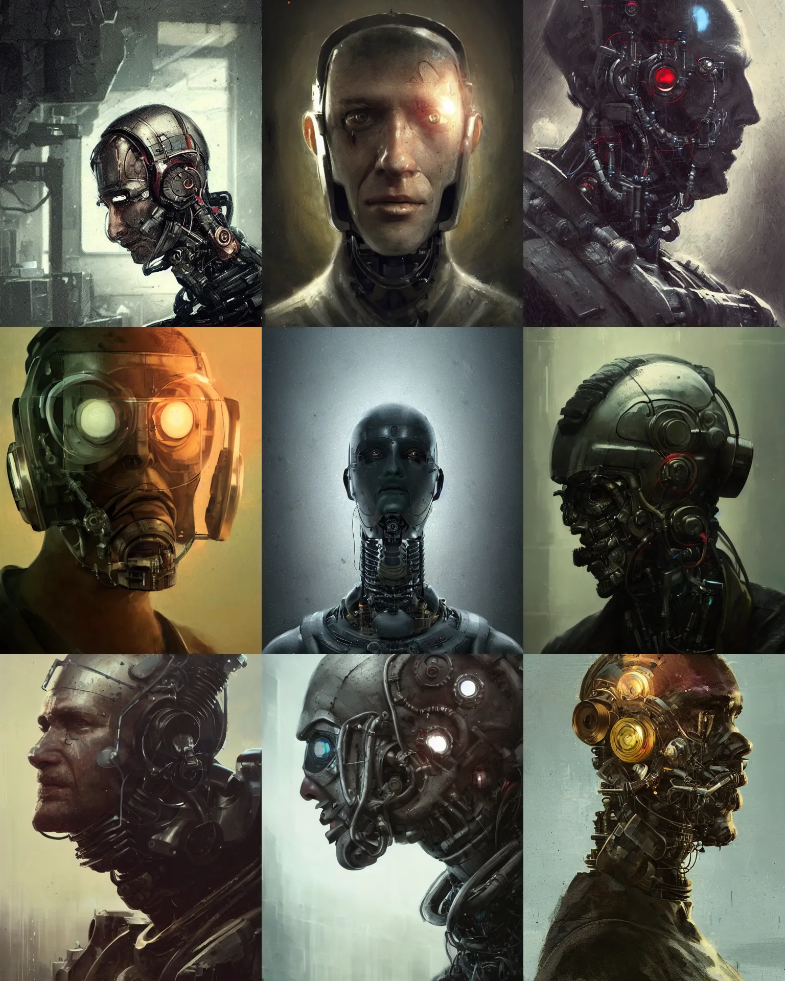 Image similar to a half - masked rugged laboratory engineer man with cybernetic enhancements as seen from a distance, scifi character portrait by greg rutkowski, esuthio, craig mullins, 1 / 4 headshot, cinematic lighting, dystopian scifi gear, gloomy, profile picture, mechanical, half robot, implants, steampunk
