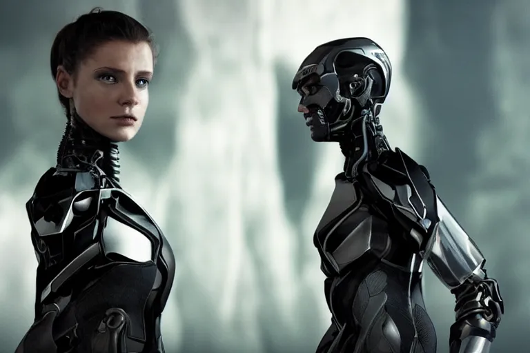 Prompt: VFX movie closeup portrait of a futuristic hero cyborg woman in black spandex armor in future city, hero pose, beautiful skin, night lighting by Emmanuel Lubezki