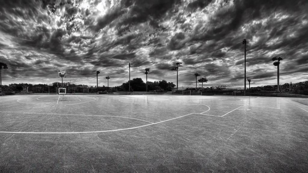 Prompt: a photograph of an empty basketball court in a scenic location, in the styles of sports illustrated, a nike advertisement, and ansel adams. intricate, hyperrealistic, monochrome hdr