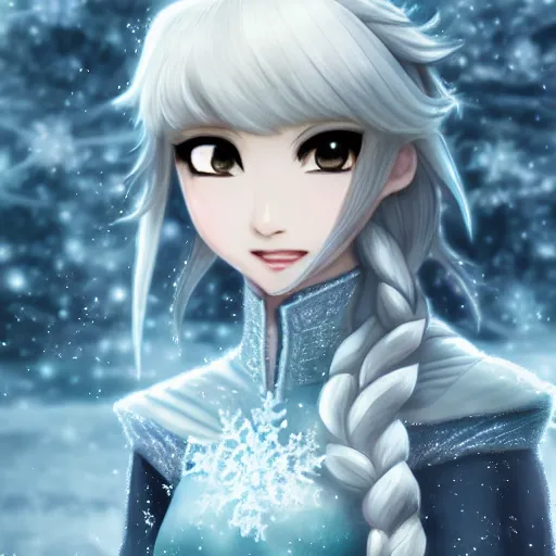 Image similar to portrait focus of knight beautiful 3D anime girl, Frozen ice armor wearing, dark forest background, snowing, bokeh, inspired by Masami Kurumada, digital painting, high contrast, unreal engine render, volumetric lighting, high détail