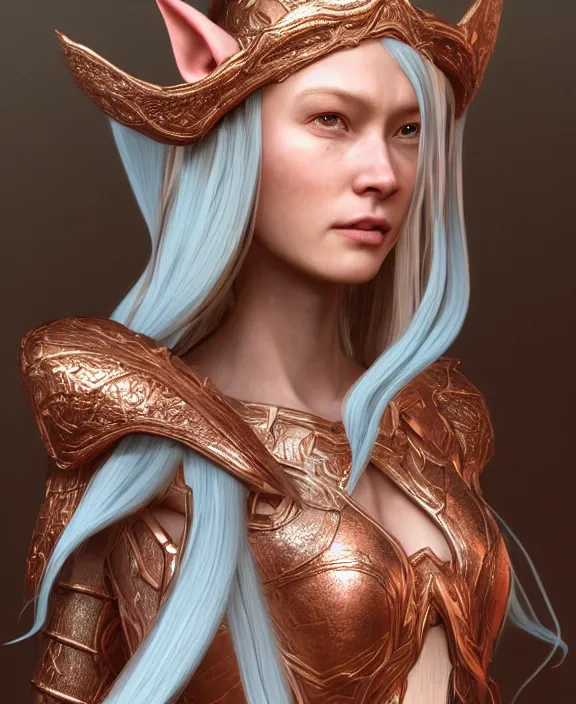 Prompt: a beautiful and highly detailed digital portrait of a dignified elf with long blue hair in rose gold armor by jia ruan, clint cearley, and karol bak, centered, artsation contest winner, cgsociety, fantasy art, cryengine, concept art, photorealism, daz 3 d, sketchfab, zbrush, vray