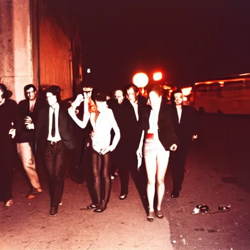 Prompt: Street photography, a close up of several people leaving a seedy nightclub at 5am, they are smoking, someone is screaming, Kodachrome