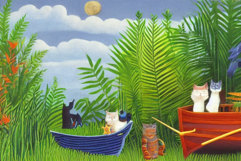 Prompt: cat in a boat, ferns, jungle, night, stars, highly detailed, 3 d, realistic, unreal engine render concept art, 3 d, dark blue sky, style of henri rousseau and richard scarry and hiroshi yoshida and etel adnan