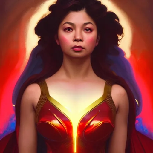 Image similar to young angel locsin as darna, volumetric lights, red and cyan theme, art nouveau botanicals, intricate, highly detailed, digital painting, artstation, concept art, smooth, sharp focus, cinematic, illustration, beautiful face, art by artgerm and greg rutkowski and alphonse mucha