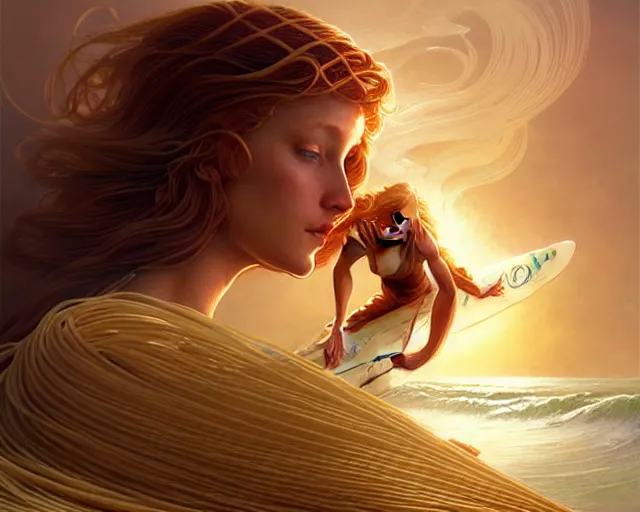 Prompt: beautiful ethereal ginger surfer is surfing a sea of pasta, art nouveau, fantasy, intricate pasta waves, elegant surfboard, highly detailed, sharp focus, action art by artgerm and greg rutkowski and wlop