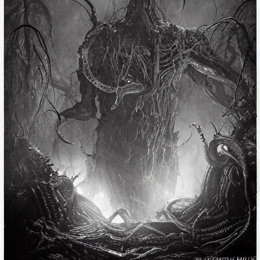 Image similar to photorealistic rendering of eldritch demon from resident evil 7 in the style of michael whelan and gustave dore. hyperdetailed photorealism by greg rutkowski, 1 0 8 megapixels, cinematic lighting.