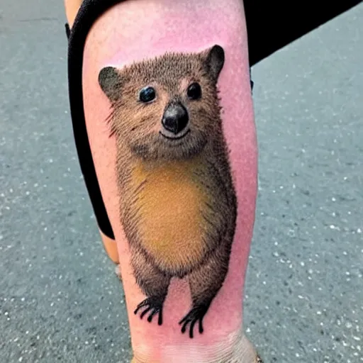 Image similar to a realistic tattoo of a quokka riding a bicycle