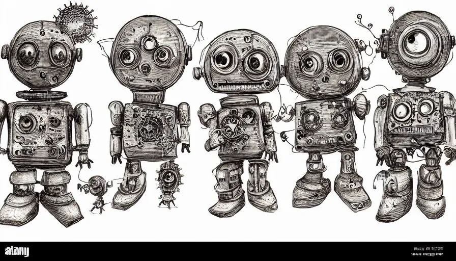 Image similar to cute steampunk robots with souls and large eyes smiling and waving, isolated on white background, drawn by leonardo da vinci with black ink and stippled pen, 3D occlusion