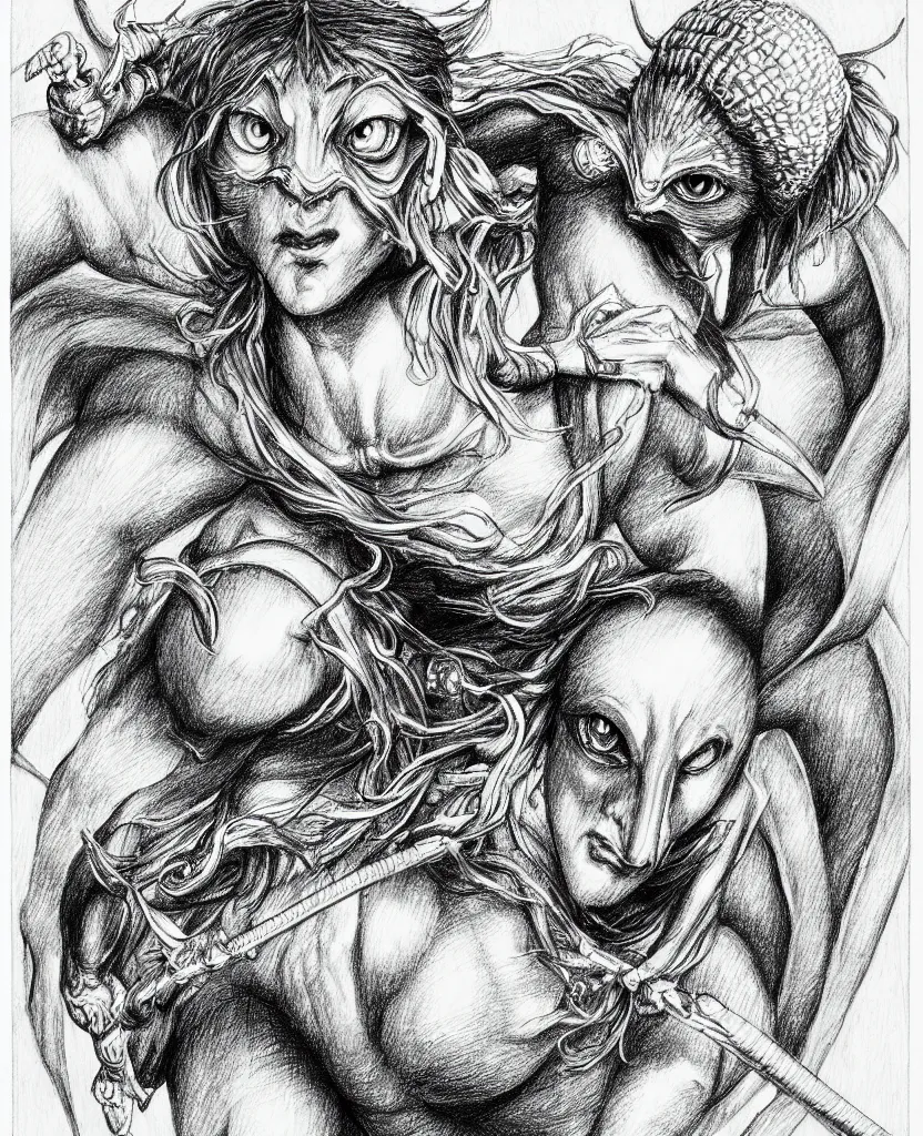 Image similar to line art pencil drawing of medieval half insect half woman chimera, very exaggerated fisheye perspective, art by shinichi sakamoto and kentaro miura