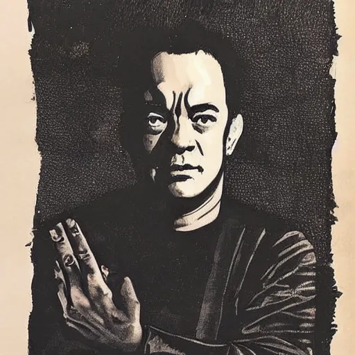 Prompt: very stylised old portrait of satanic high priest tom hanks